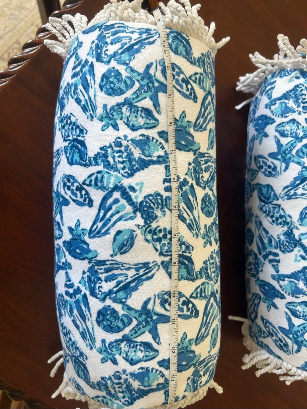 Lilly Pulitzer Blue Coastal Seashell Bolster Pillow Set of 2 Rope Fringe